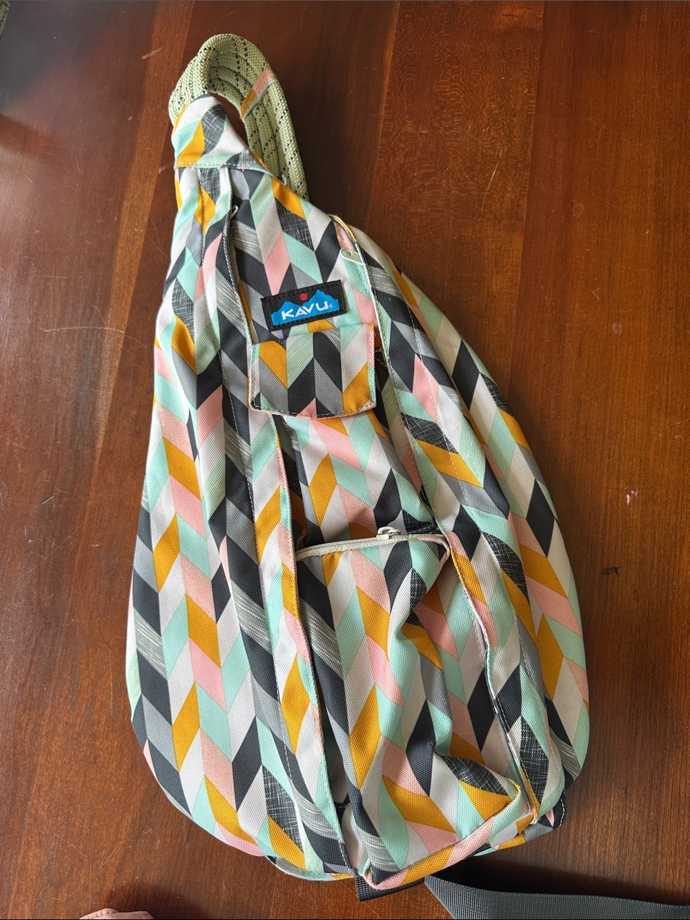 Kavu Rope Sling Bag in Mint, Mustard & Pink Geometric Print